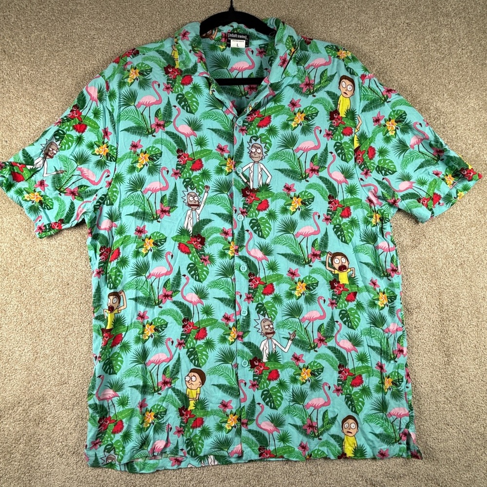 Rick and Morty Adult Swim Flamingo Tropical Rayon Button Down Shirt Large Teal